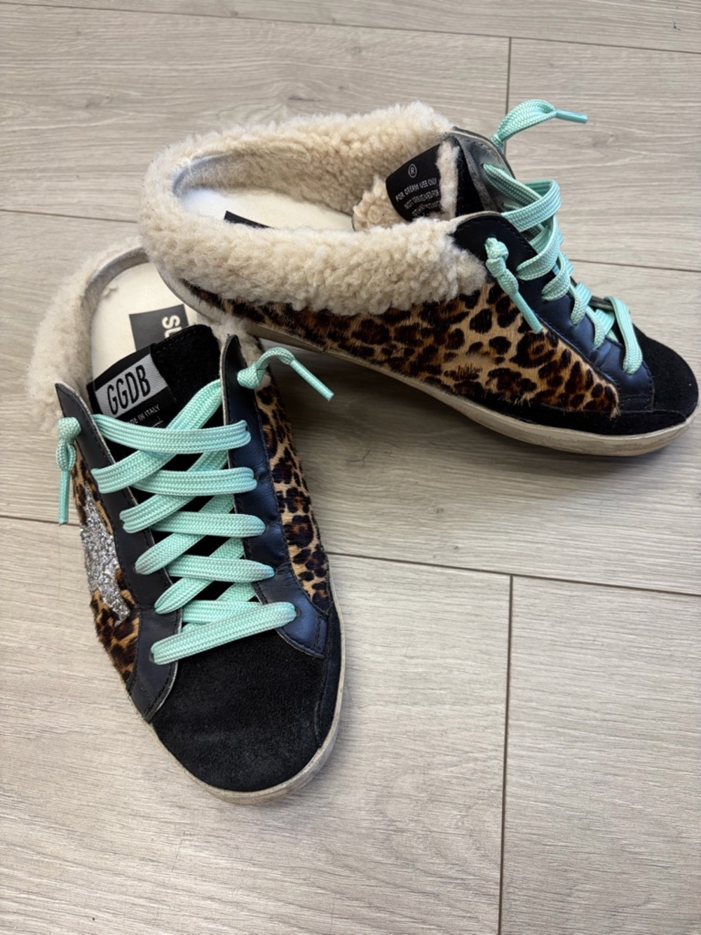 Golden Goose Leopard Shearling Low Top Sneakers in Black & Aqua